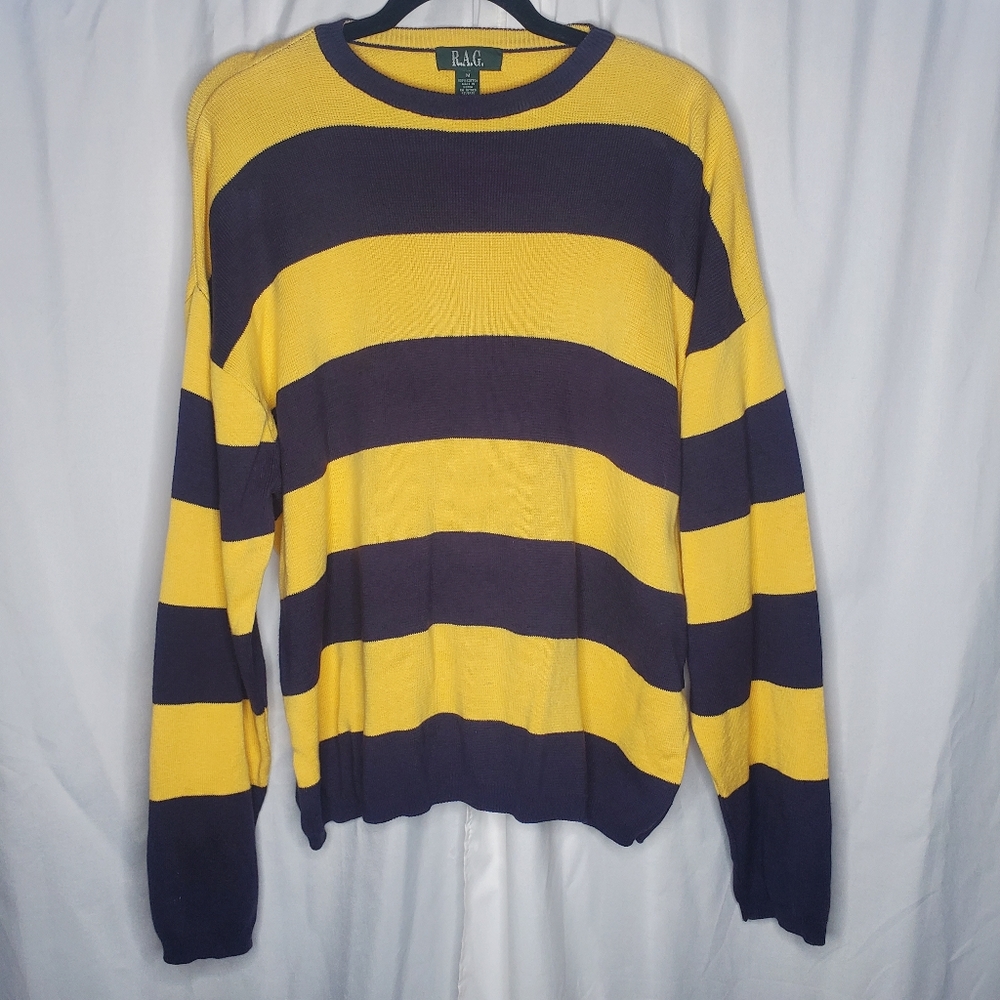 ♧ RAG Crew Neck Block Striped Sweater Long-sleeved Size Medium Yellow and Blue